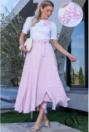 CONJUNTO MIDI EM LINHO ROSA LISTRADO - LUZIA FAZZOLLI