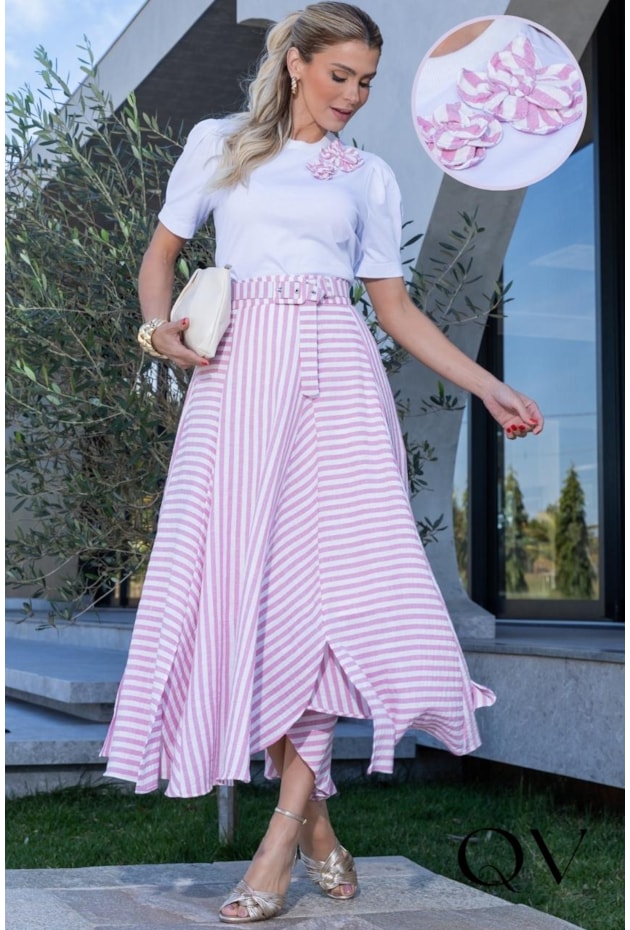 CONJUNTO MIDI EM LINHO ROSA LISTRADO - LUZIA FAZZOLLI