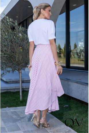 CONJUNTO MIDI EM LINHO ROSA LISTRADO - LUZIA FAZZOLLI