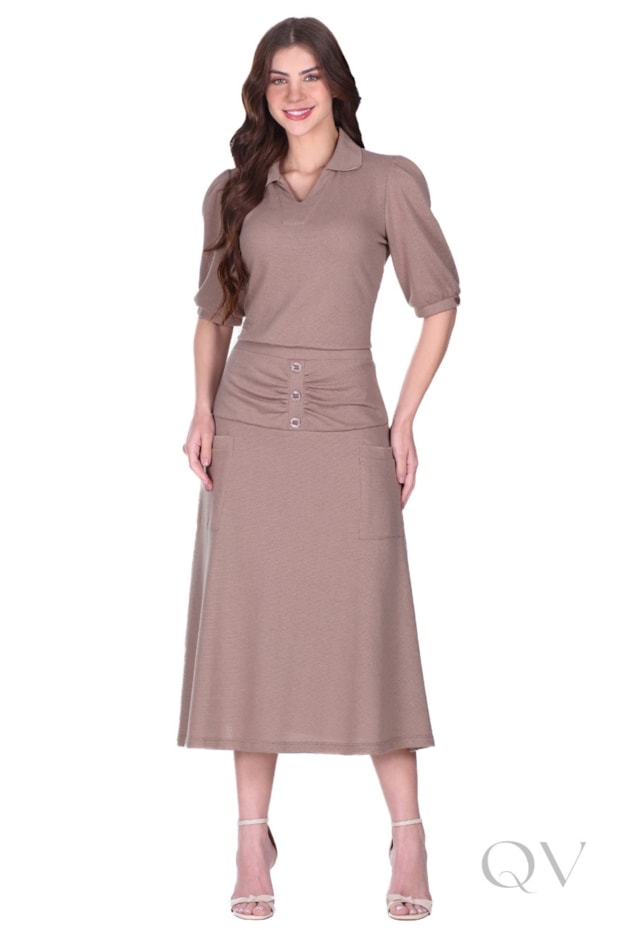 CONJUNTO MIDI EM MALHA TEXTURIZADA COM ASPECTO DE TRICÔ BEGE - HAPUK