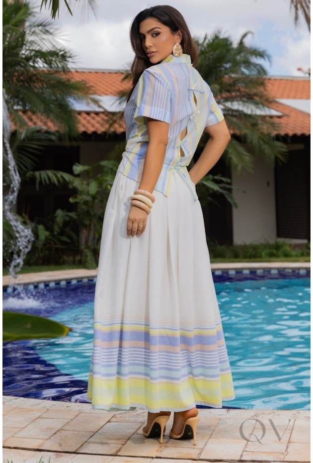 CONJUNTO MIDI EM VOIL E LINHO LISTRADO - LUZIA FAZZOLLI