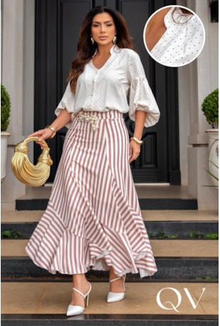 CONJUNTO MIDI LISTRADO COM POÁS EM ALFAIATARIA COMPOSÊ BRANCO - LUZIA FAZZOLLI