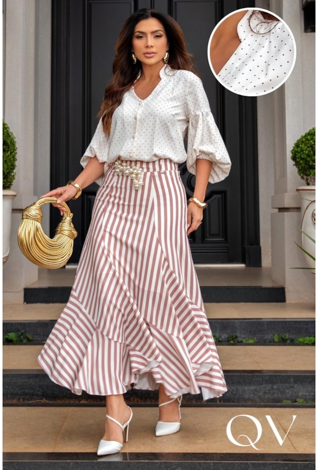 CONJUNTO MIDI LISTRADO COM POÁS EM ALFAIATARIA COMPOSÊ BRANCO - LUZIA FAZZOLLI
