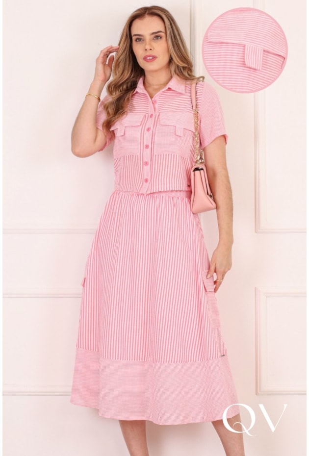 CONJUNTO MIDI LISTRADO EM POLÍESTER ROSA - PURO SHARMY