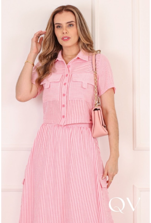 CONJUNTO MIDI LISTRADO EM POLÍESTER ROSA - PURO SHARMY