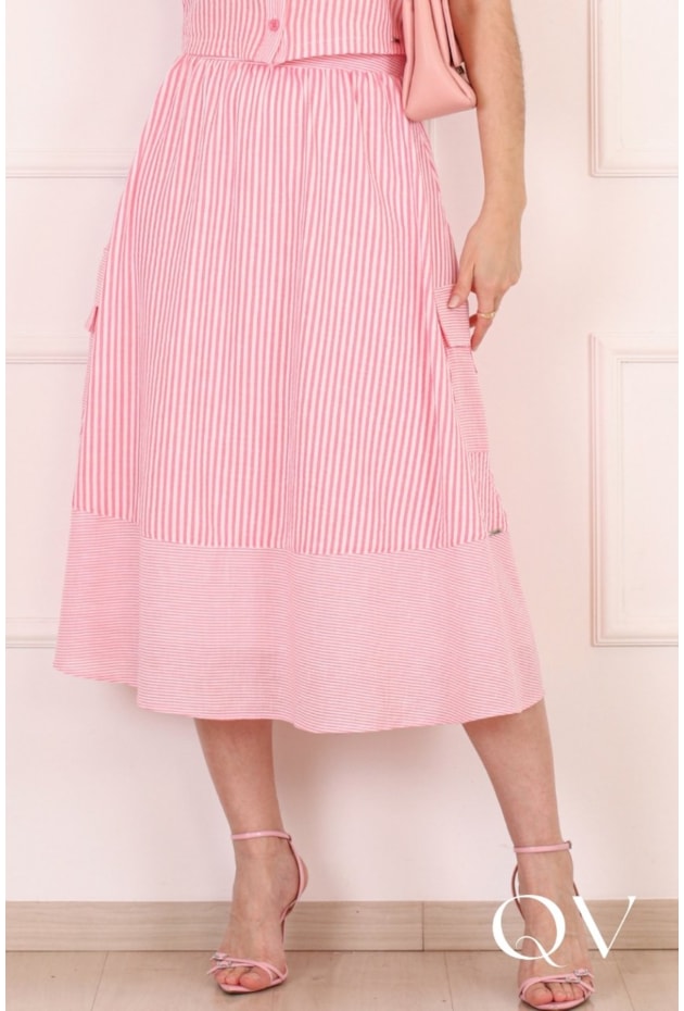 CONJUNTO MIDI LISTRADO EM POLÍESTER ROSA - PURO SHARMY