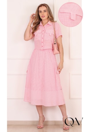 CONJUNTO MIDI LISTRADO EM POLÍESTER ROSA - PURO SHARMY