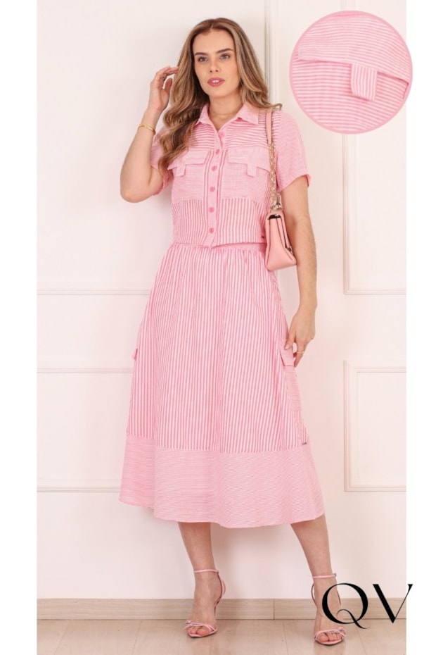 CONJUNTO MIDI LISTRADO EM POLÍESTER ROSA - PURO SHARMY