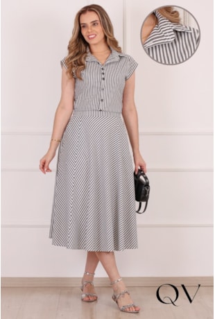 CONJUNTO MIDI LISTRADO EM TRICOLINE DE ALGODÃO PRETO - PURO SHARMY