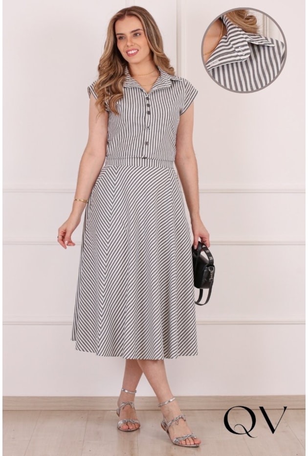 CONJUNTO MIDI LISTRADO EM TRICOLINE DE ALGODÃO PRETO - PURO SHARMY