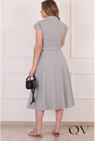 CONJUNTO MIDI LISTRADO EM TRICOLINE DE ALGODÃO PRETO - PURO SHARMY