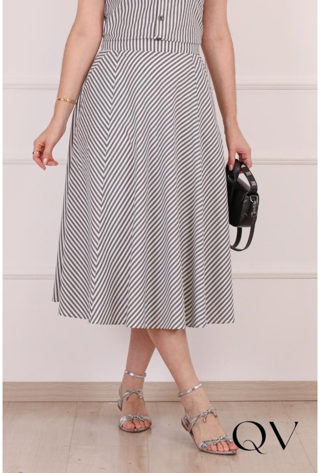CONJUNTO MIDI LISTRADO EM TRICOLINE DE ALGODÃO PRETO - PURO SHARMY