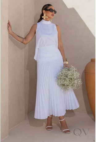 CONJUNTO MIDI PLISSADO EM ALFAIATARIA BRANCO - LUZIA FAZZOLLI