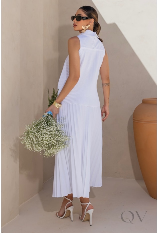 CONJUNTO MIDI PLISSADO EM ALFAIATARIA BRANCO - LUZIA FAZZOLLI