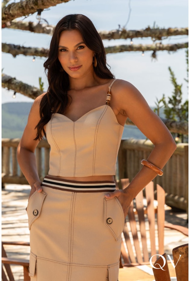 CONJUNTO MIDI SAIA EM ALFAIATARIA CAQUI - ARTSY