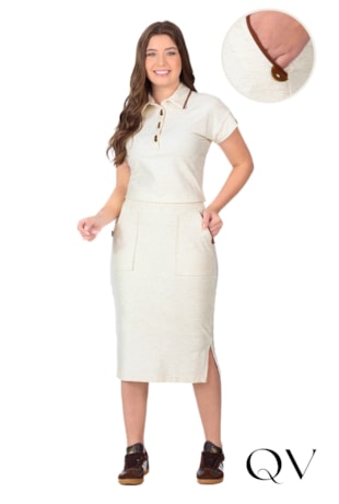 CONJUNTO POLO EM MALHA DE VISCOSE MESCLADA COM LINHO E RIBANA OFF WHITE - HAPUK