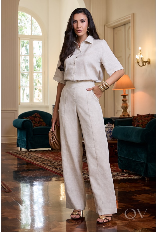 CONJUNTO RETO EM LINHO PURO BEGE - LUZIA FAZZOLLI