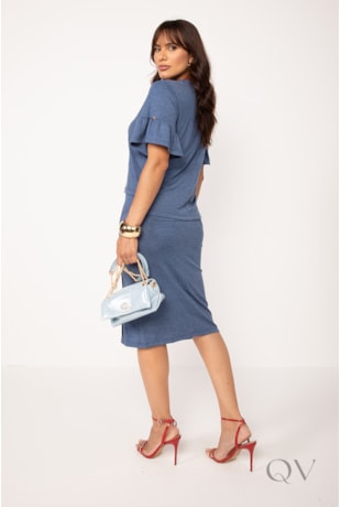 CONJUNTO SAIA E BLUSA EM MALHA AZUL JEANS - LEKAZIS