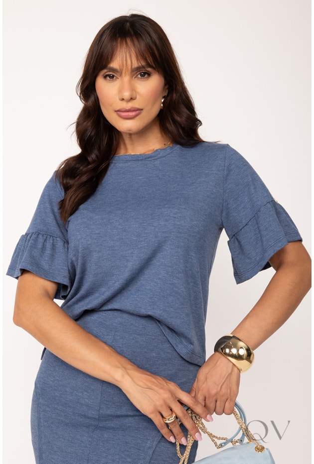 CONJUNTO SAIA E BLUSA EM MALHA AZUL JEANS - LEKAZIS