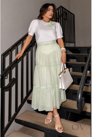 CONJUNTO TSHIRT E SAIA EM MALHA DE ALGODÃO VERDE CLARO - LUZIA FAZZOLLI