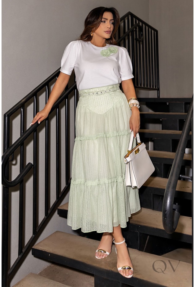 CONJUNTO TSHIRT E SAIA EM MALHA DE ALGODÃO VERDE CLARO - LUZIA FAZZOLLI