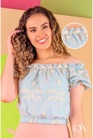 CROPPED CIGANINHA LAISE COM BORDADO AZUL - PURO SHARMY