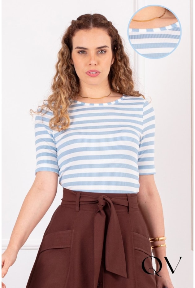 CROPPED LISTRADO EM MALHA CANELADA AZUL - PURO SHARMY