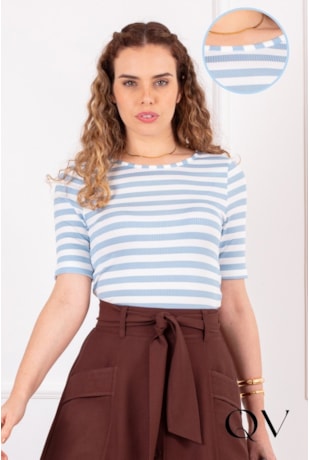 CROPPED LISTRADO EM MALHA CANELADA AZUL - PURO SHARMY