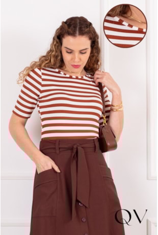 CROPPED LISTRADO EM MALHA CANELADA MARROM - PURO SHARMY