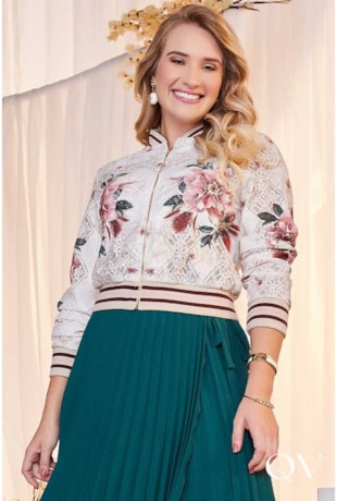 JAQUETA BOMBER DE RENDA FLORAL BEGE - FASCÍNIUS