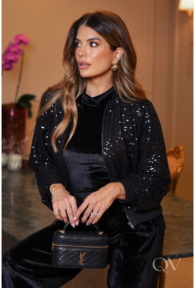 JAQUETA COM PAETÊ EM BOMBER PRETO - LUZIA FAZZOLLI