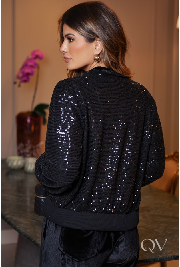 JAQUETA COM PAETÊ EM BOMBER PRETO - LUZIA FAZZOLLI