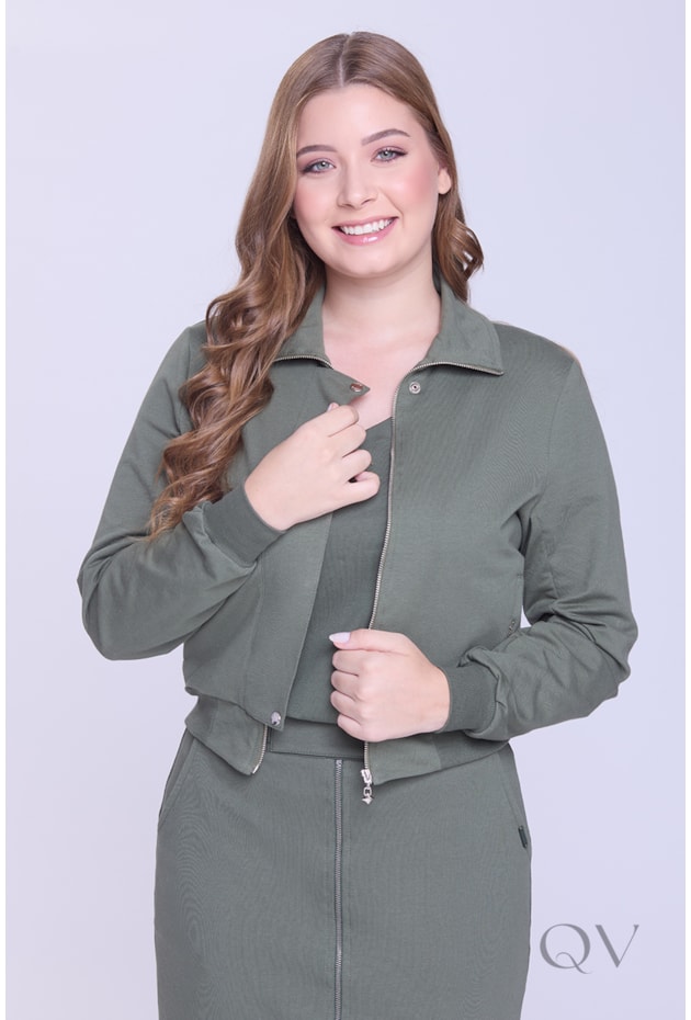 JAQUETA COM ZÍPER EM MOLETINHO E RIBANA VERDE MILITAR - HAPUK