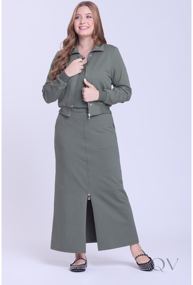 JAQUETA COM ZÍPER EM MOLETINHO E RIBANA VERDE MILITAR - HAPUK