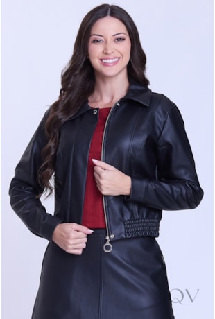 JAQUETA COM ZÍPER EM TECIDO COM ASPECTO EM COURO PRETO - HAPUK