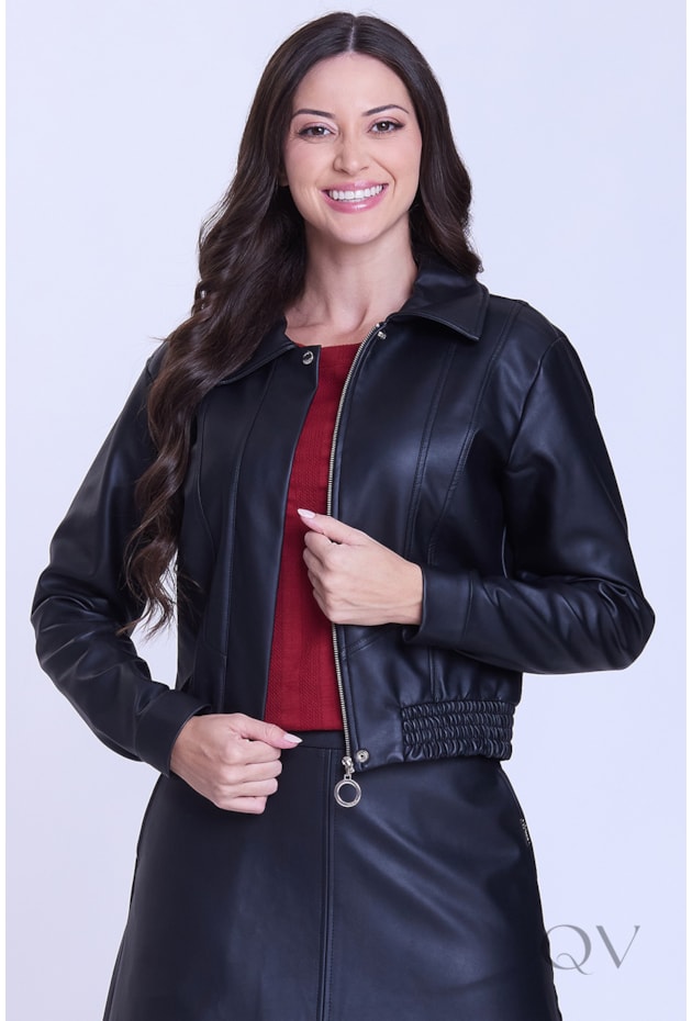 JAQUETA COM ZÍPER EM TECIDO COM ASPECTO EM COURO PRETO - HAPUK