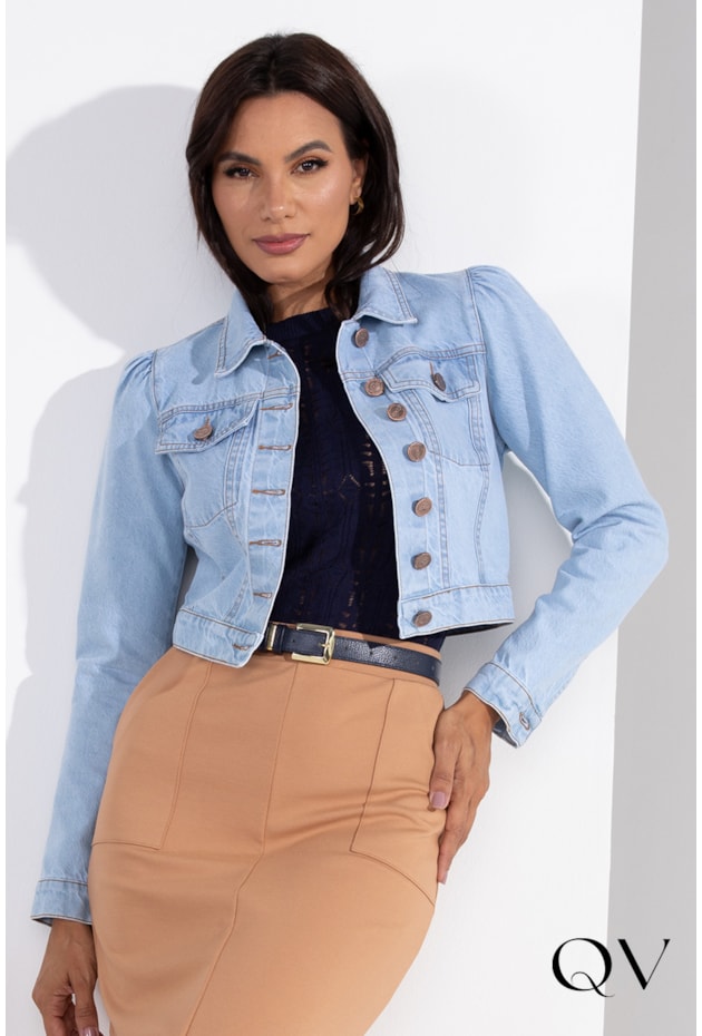 JAQUETA CROPPED JEANS CLARO - LEKAZIS