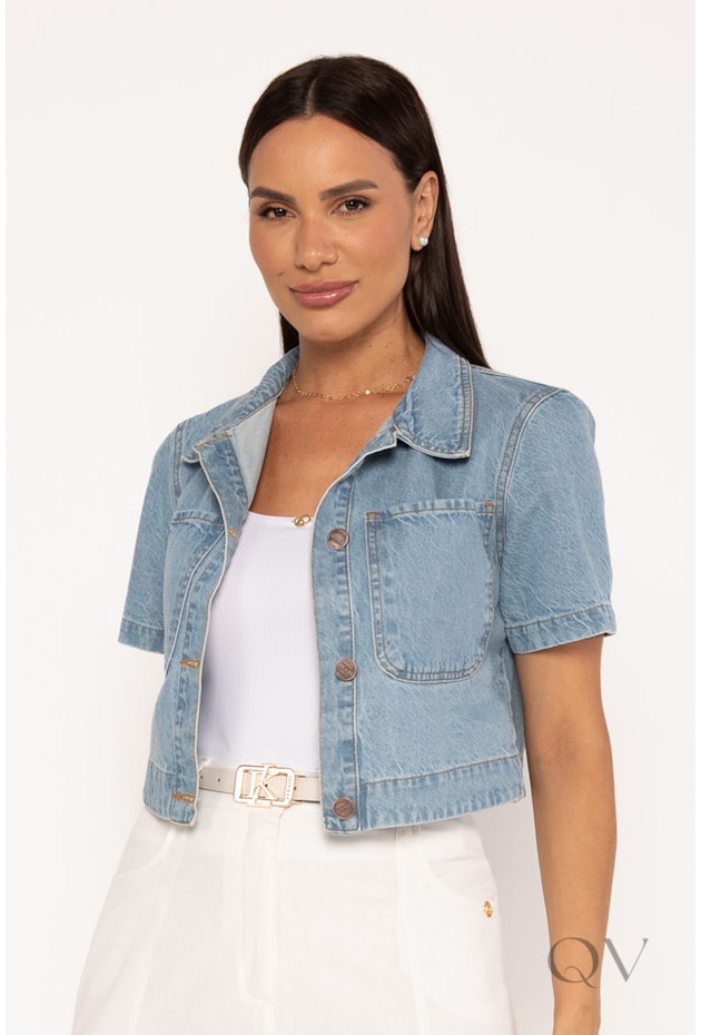 JAQUETA DE MANGA CURTA COM BOLSOS EM JEANS CLARO - LEKAZIS