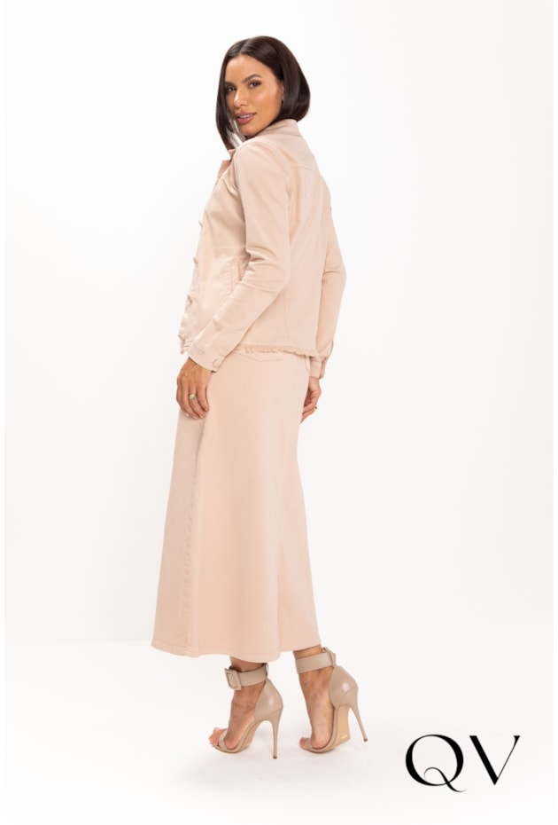 JAQUETA EM JEANS BARRA DESFIADA NUDE - LEKAZIS