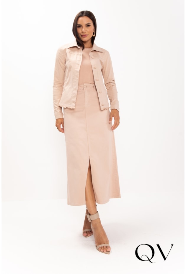 JAQUETA EM JEANS BARRA DESFIADA NUDE - LEKAZIS