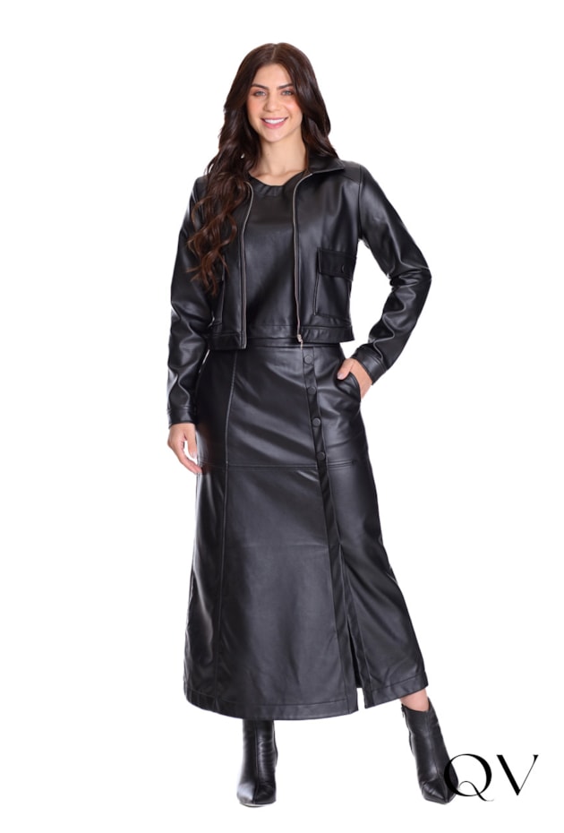 JAQUETA EM TECIDO PLANO COM ASPECTO EM COURO PRETO - HAPUK