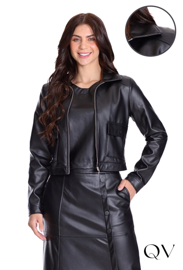 JAQUETA EM TECIDO PLANO COM ASPECTO EM COURO PRETO - HAPUK