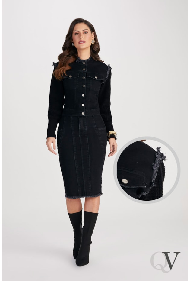 JAQUETA JEANS BLACK GOLA E CAVA DESFIADA - TITANIUM JEANS JAQUETA JEANS BLACK GOLA E CAVA DESFIADA - TITANIUM JEANS