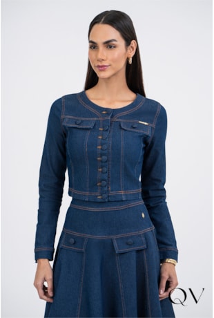 JAQUETA JEANS COM RECORTES AZUL - VIA TOLENTINO
