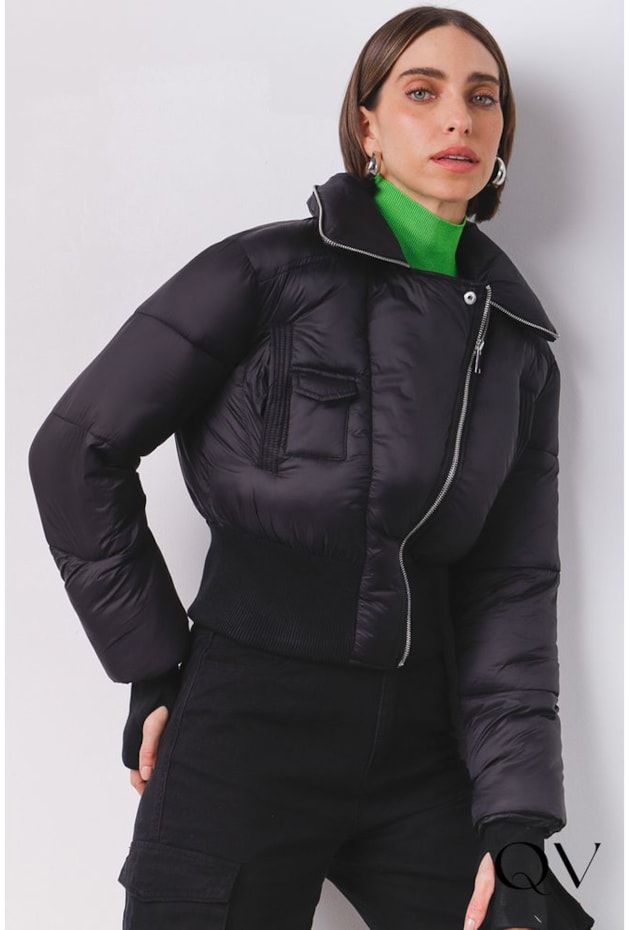 JAQUETA PUFFER BIKER COM DEDEIRA PRETO - MAMÔ