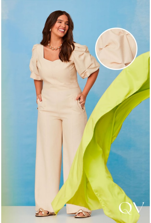 MACACÃO ALFAIATARIA DECOTE PRINCESA BEGE LUZIA FAZZOLLI 44