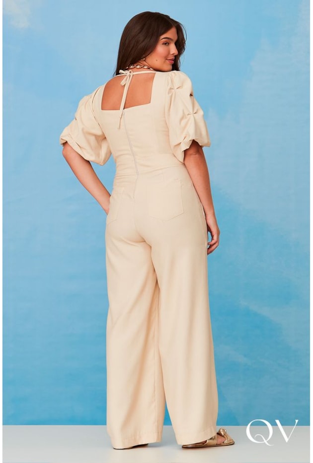 MACACÃO ALFAIATARIA DECOTE PRINCESA BEGE LUZIA FAZZOLLI 44