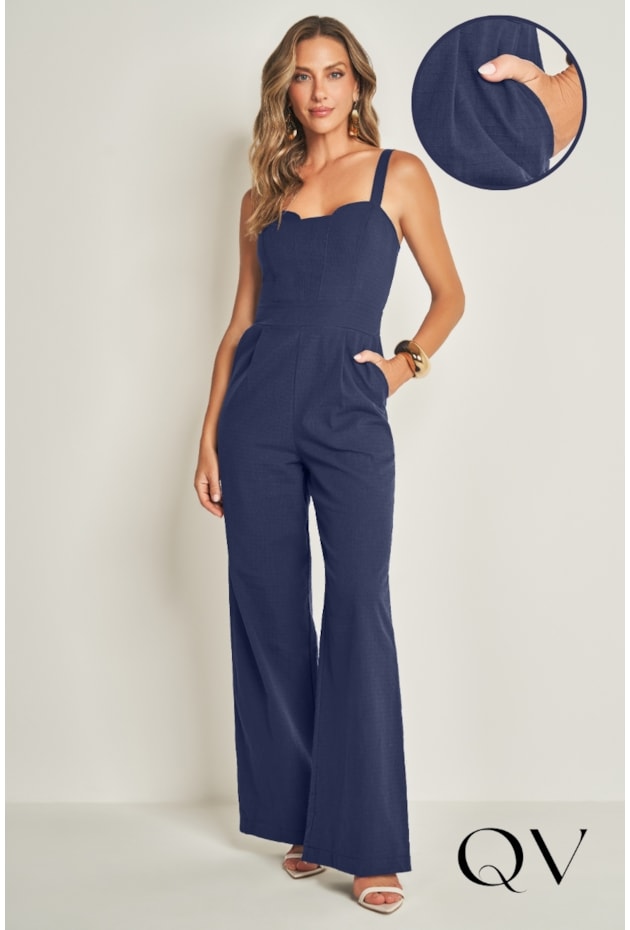 MACACÃO DE ALÇA EM PLANO NEW GRID AZUL MARINHO - DOCE TRAMA