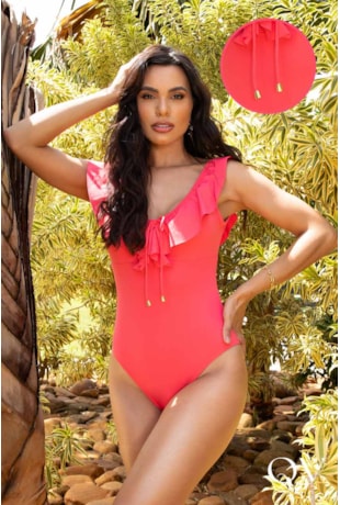 MAIÔ EM MALHA COM BABADOS PITAYA CORAL - LEKAZIS