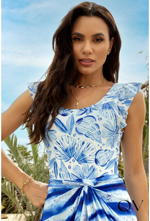 MAIÔ MANGA COM BABADOS ESTAMPADO AZUL - LEKAZIS